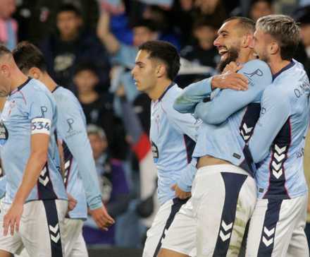 Celta Vigo's Borja Iglesias celebrates scoring their second goal with Oscar Mingueza 
