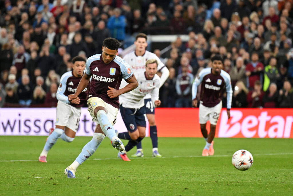 BIRMINGHAM, ENGLAND - SEPTEMBER 25: Ollie Watkins of Aston Villa takes a penalty which was saved by Lukasz Skorupski of Bologna FC 1909 (not pictured) during the UEFA Europa League 2025/26 League Phase MD1 match between Aston Villa FC and Bologna FC 1909 at Villa Park on September 25, 2025 in Birmingham, England. (Photo by Dan Mullan/Getty Images)