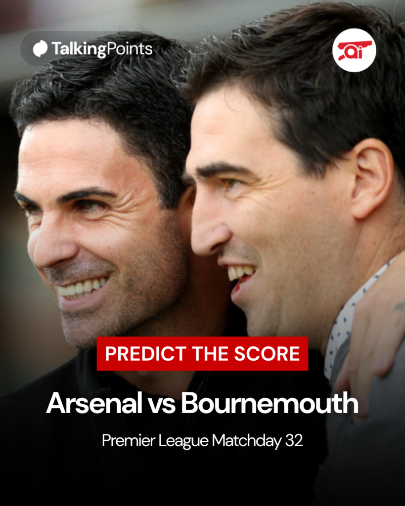 Image of Mikel Arteta and Andoni Iraola greeting each other before Arsenal vs Bournemouth, overlaid a call to action to predict the score