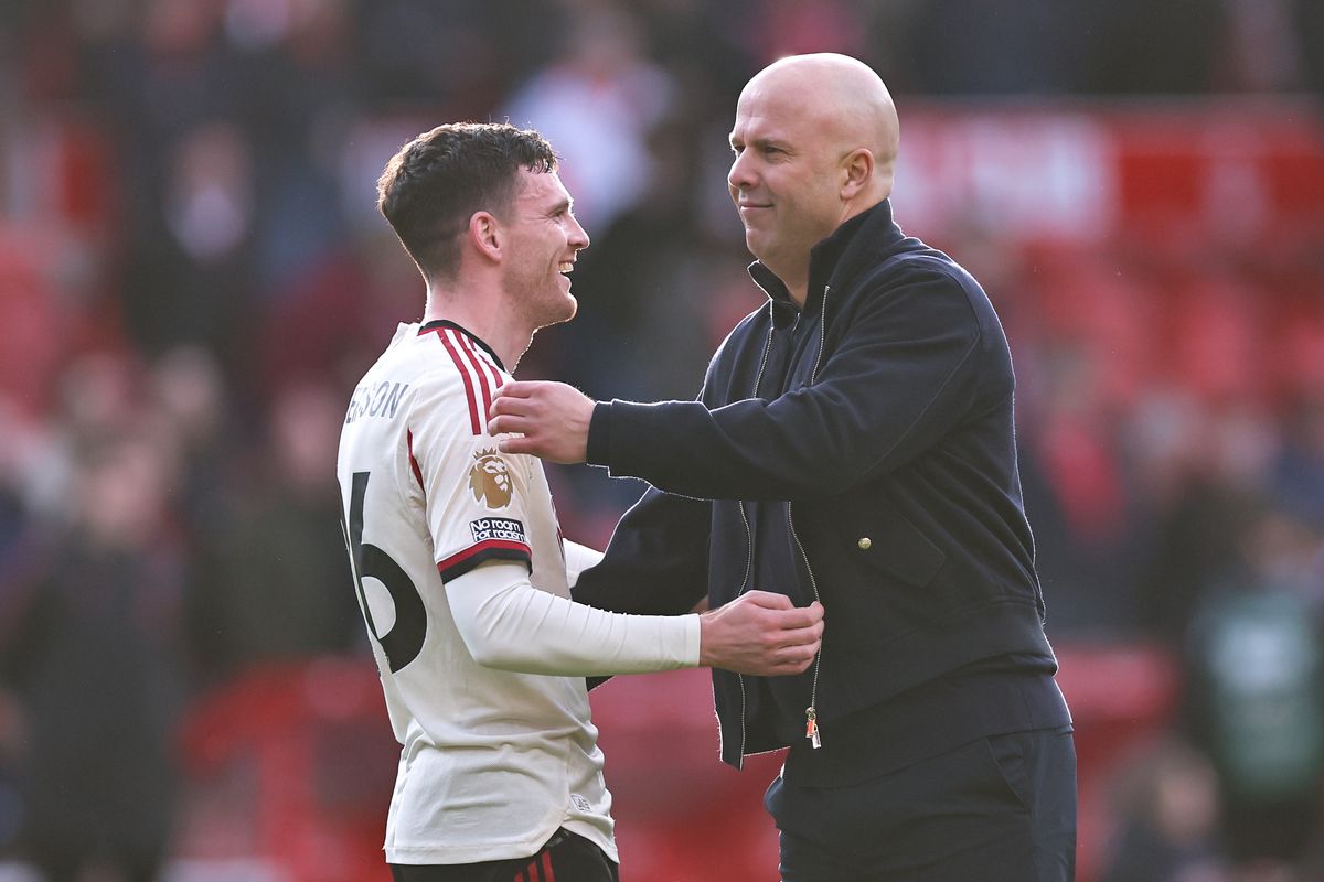 Andy Robertson and Arne Slot after Liverpool won at Nottingham Forest.