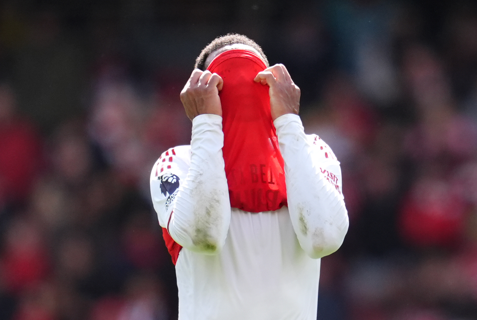 Arsenal’s Gabriel pulls his shirt over his face after defeat to Bournemouth