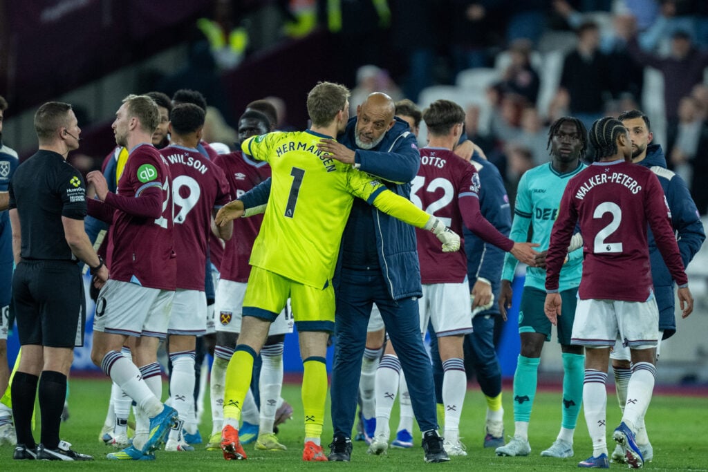 Nuno Espírito Santo and Mads Hermansen after West Ham United v Wolverhampton Wanderers - Premier League