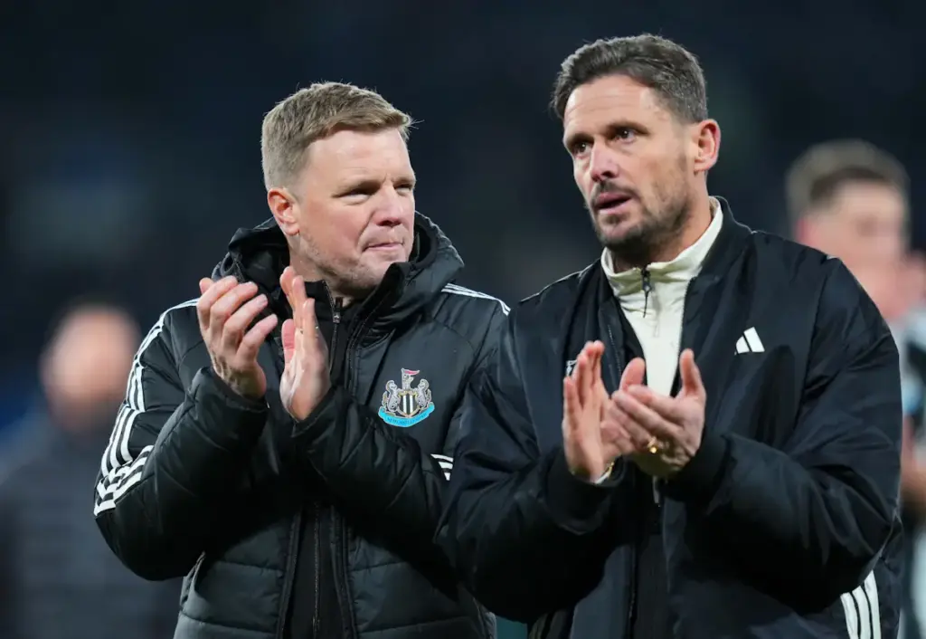 Newcastle United manager Eddie Howe and his assistant Jason Tindall clap the fans following a match