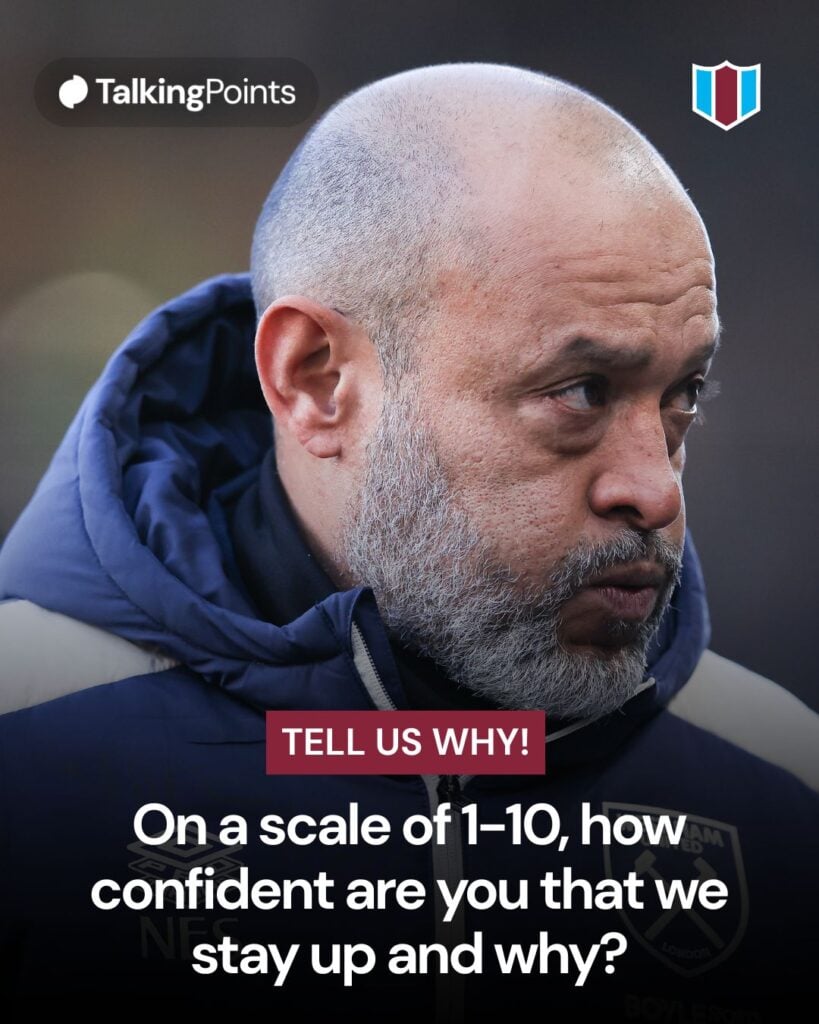 A graphic asking West Ham United fans how confident they are of Premie League survivial on a scale of 1-10.