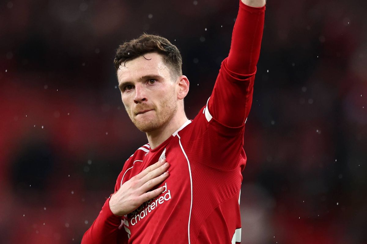 LIVERPOOL, ENGLAND - APRIL 11: Andrew Robertson of Liverpool acknowledges the fans following the Premier League match between Liverpool and Fulham at Anfield on April 11, 2026 in Liverpool, England. (Photo by Kate McShane/Getty Images)