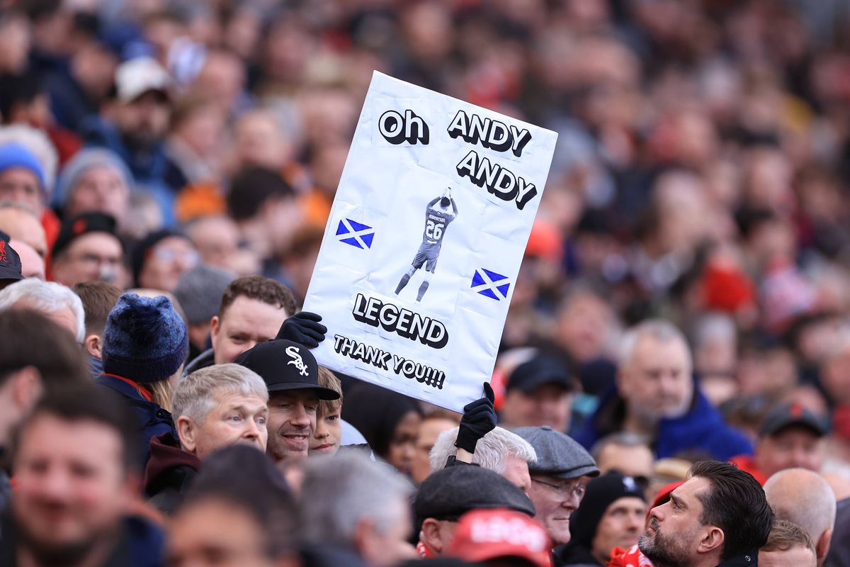 LIVERPOOL, ENGLAND - APRIL 11: A banner in support of Andrew Robertson of Liverpool is seen during the Premier League match between Liverpool and Fulham at Anfield on April 11, 2026 in Liverpool, United Kingdom. (Photo by Simon Stacpoole/Offside/Offside via Getty Images)