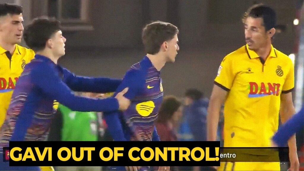 Moment Xavi Espart protects Gavi from crazy FIGHT against Espanyol players at full-time