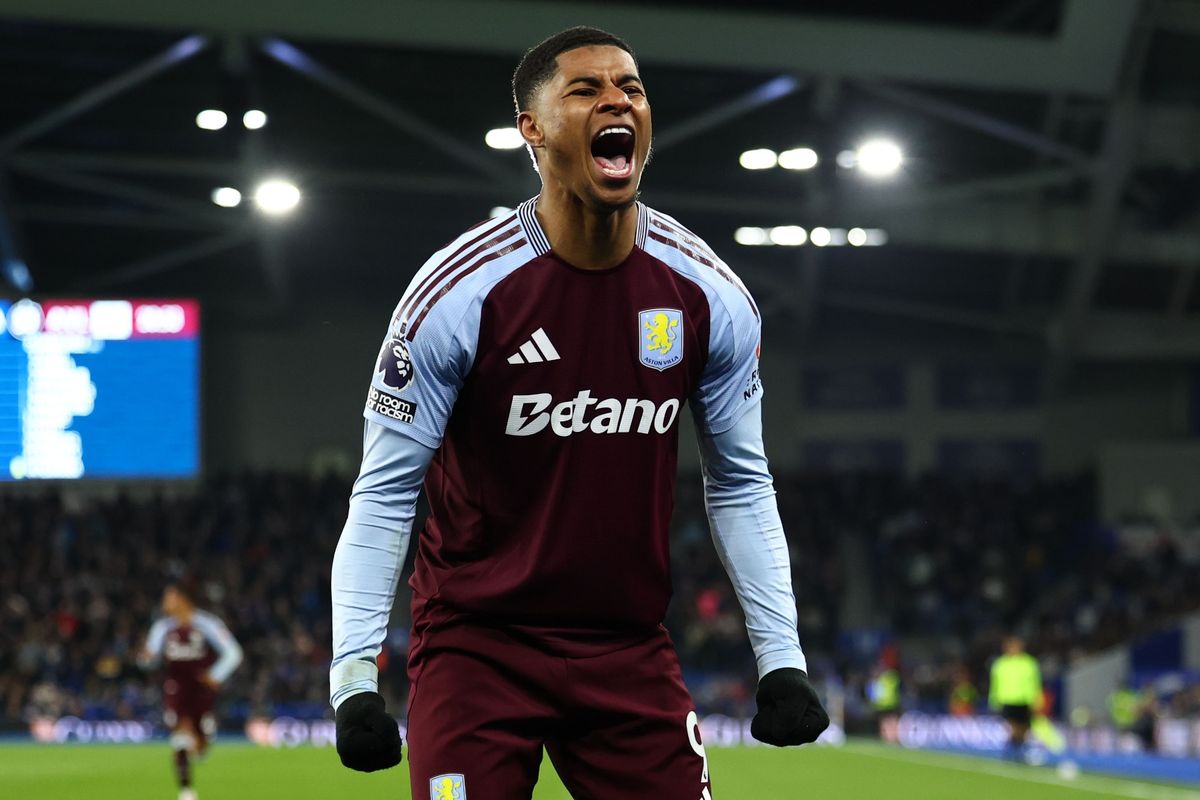Marcus Rashford celebrates after scoring a goal on loan at Aston Villa from Manchester United