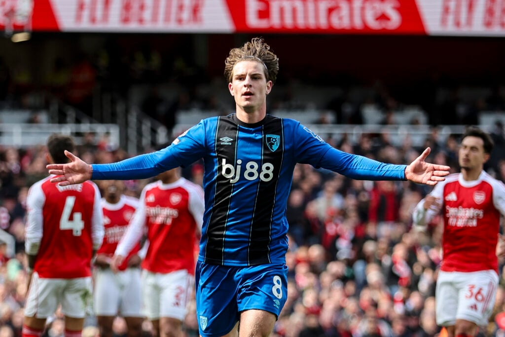 Alex Scott of Bournemouth celebrates after he scores a goal to make it 2-1 during the Premier League match between Arsenal and Bournemouth at Emirates Stadium