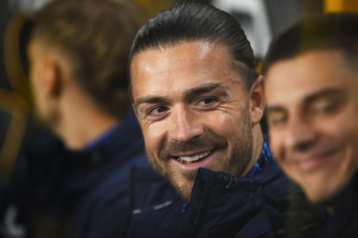 Jack Grealish looks on prior to the Carabao Cup third round match between Wolverhampton Wanderers and Everton at Molineux