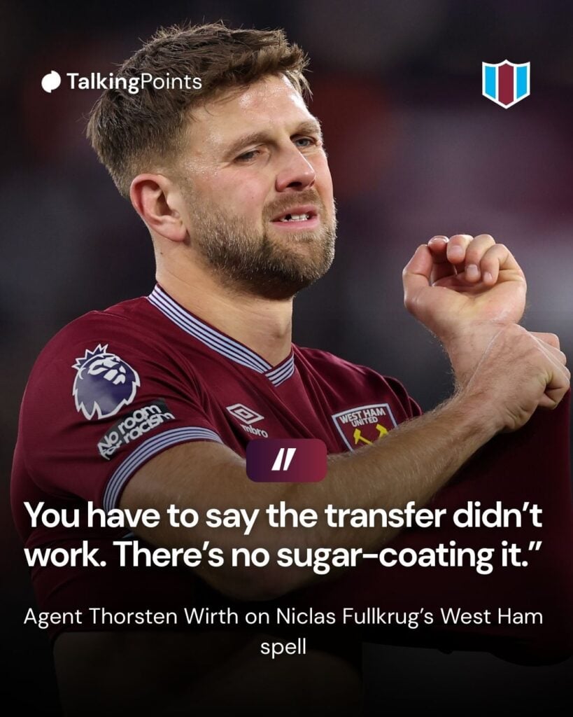 Niclas Fullkrug of West Ham United during the Premier League match between West Ham United and Liverpool at London Stadium on November 30, 2025 in London, England.