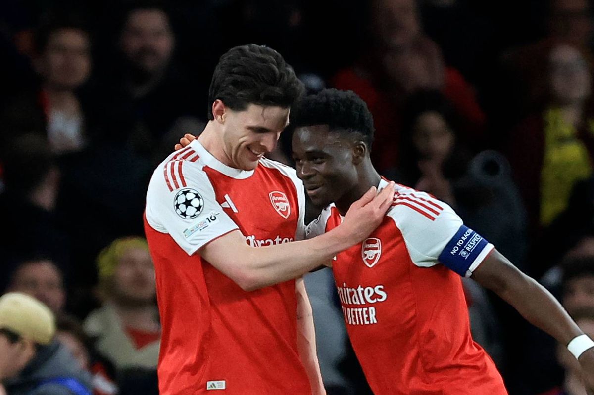 LONDON, ENGLAND - MARCH 17: Declan Rice and Bukayo Saka of Arsenal celebrate 2nd goal during the UEFA Champions League 2025/26 Round of 16 Second Leg match between Arsenal FC and Bayer 04 Leverkusen at Arsenal Stadium on March 17, 2026 in London, England. (Photo by Nigel French/Sportsphoto/Allstar via Getty Images)