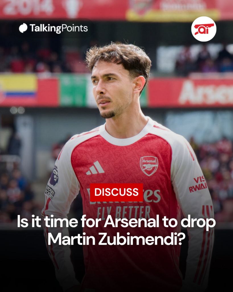 Image of Martin Zubimendi during an Arsenal game, overlaid a question asking fans if he should be dropped