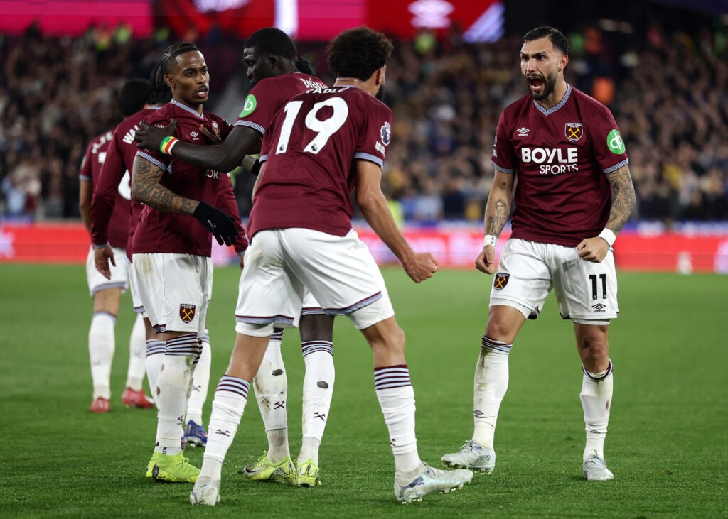 Taty Castellanos of West Ham United celebrates scoring his team's second goal with Pablo during the Premier League match between West Ham United and Wolverhampton Wanderers