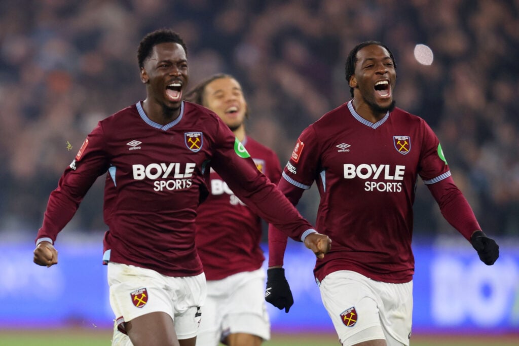 Soungoutou Magassa and Axel Disasi celebrate after West Ham United beat Brentford in the FA Cup.