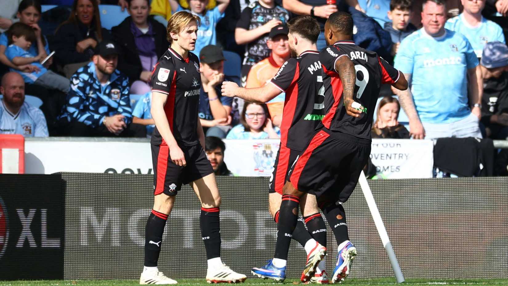 Southampton players celebrate scoring at Coventry in March 2026