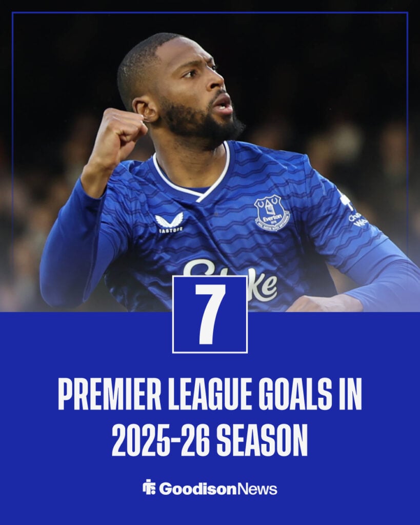 Everton striker Beto in background with Premier League goals stats from 2025-26 season