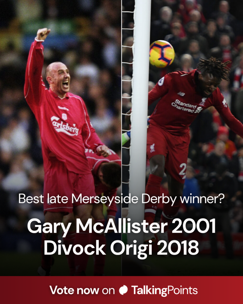 Divock Origi heads in to score during Liverpool's Premier League match against Everton at Anfield (Credit: Getty Images/Nick Taylor/Liverpool FC).
Gary McAllister raises his fist to the Liverpool fans after scoring during the Premier League match against Everton at Goodison Park (Credit: Getty Images/Clive Brunskill/Allsport).