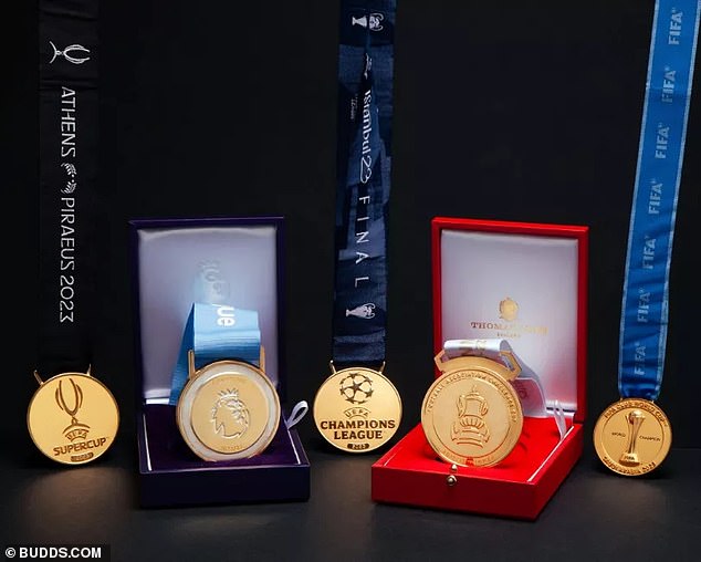 A full set of medals from Man City's Treble winning season will be auctioned later this month