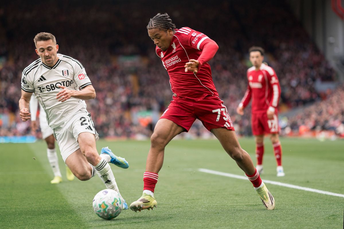 Liverpool's Rio Ngumoha is seen in action with Fulham's Timothy Castagne during the Premier League match between Liverpool and Fulham at Anfield, Liverpool, on April 11, 2026. (Photo by MI News/NurPhoto via Getty Images)