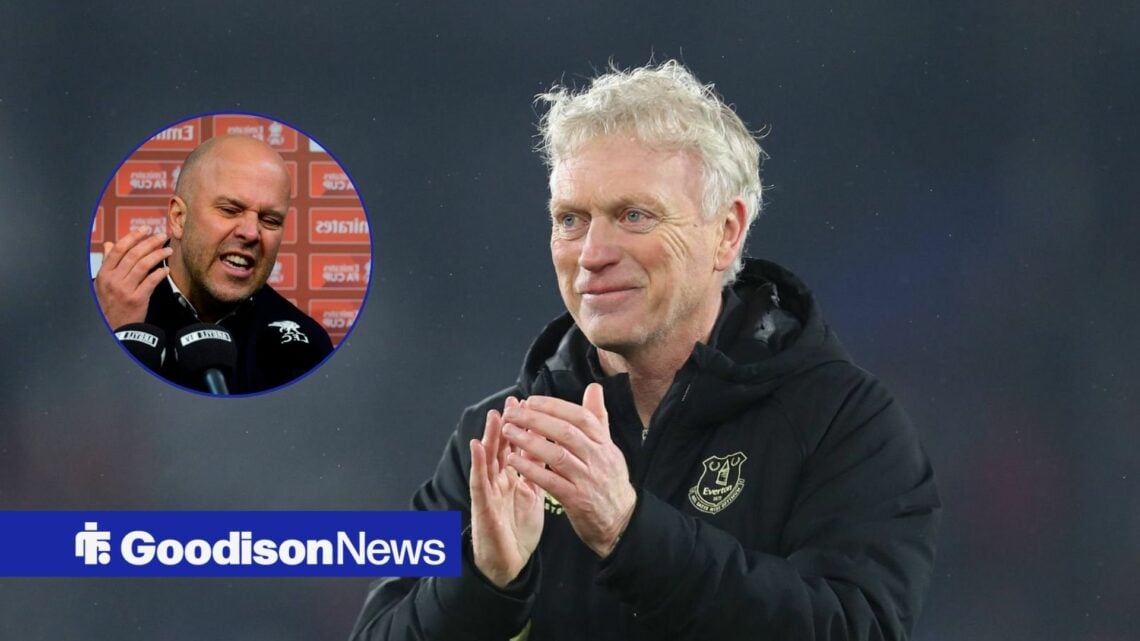 Everton manager David Moyes looking happy, Arne Slot furious in inset.