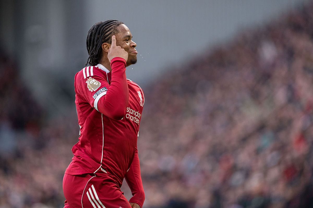 Rio Ngumoha celebrates after scoring the first goal during the Premier League match between Liverpool and Fulham.