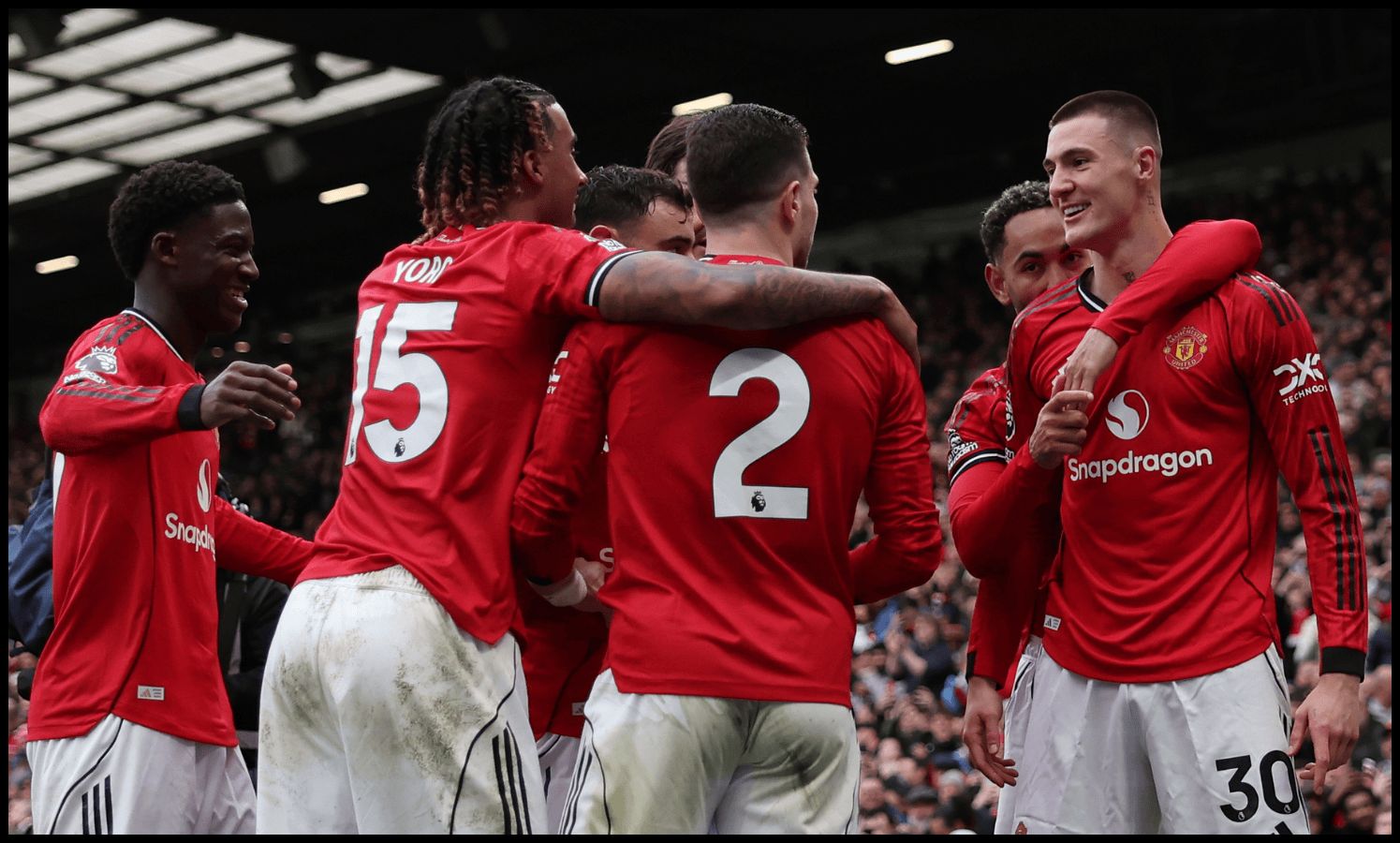 MANCHESTER, ENGLAND - MARCH 15: Benjamin Sesko of Manchester United celebrates scoring his team's third goal with teammates during the Premier League match between Manchester United and Aston Villa at Old Trafford on March 15, 2026 in Manchester, England.