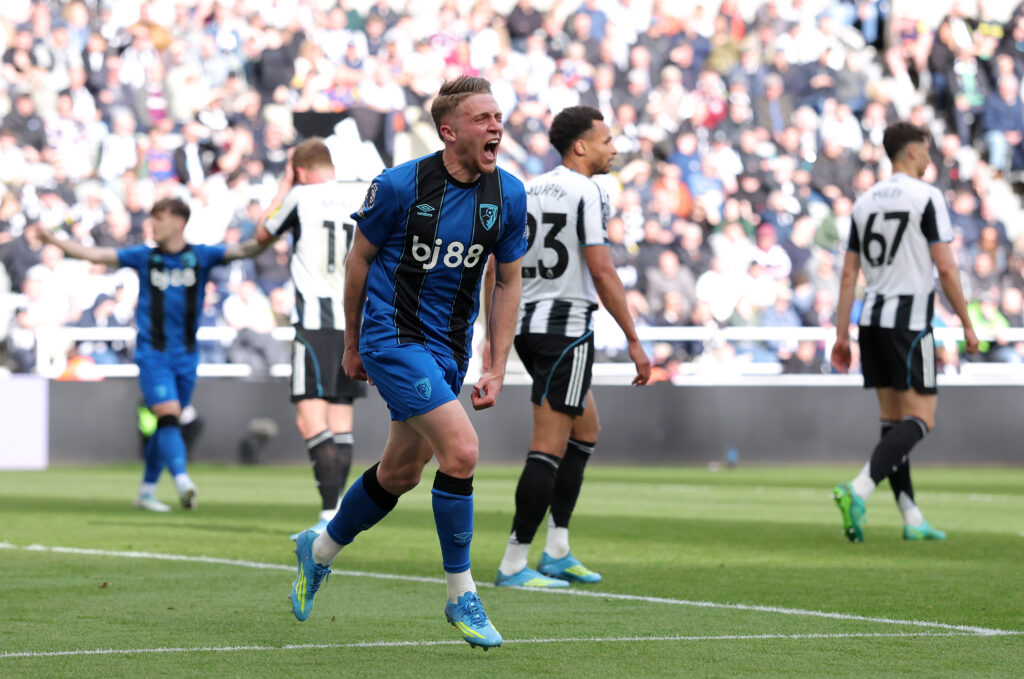 Adrien Truffert celebrates after scoring for Bournemouth against Newcastle United.