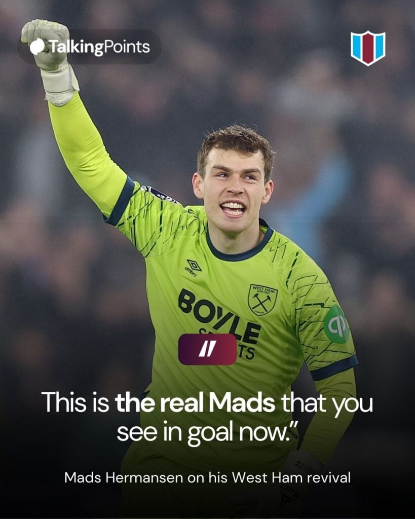 Mads Hermansen of West Ham United celebrates after teammate Tomas Soucek (not pictured) scores his team's first goal during the Premier League match between West Ham United and Manchester United at London Stadium on February 10, 2026 in London, England.