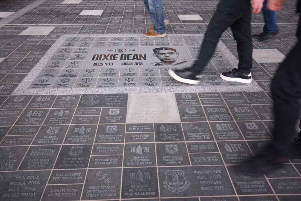 LIVERPOOL, ENGLAND - OCTOBER 5: Dixie Dean tiles and other Everton Player Plaques Outside Hill Dickinson Stadium before the Premier League match between Everton and Crystal Palace at Hill Dickinson Stadium on October 5, 2025 in Liverpool, England. (Photo by Ed Sykes/Sportsphoto/Allstar Via Getty Images)