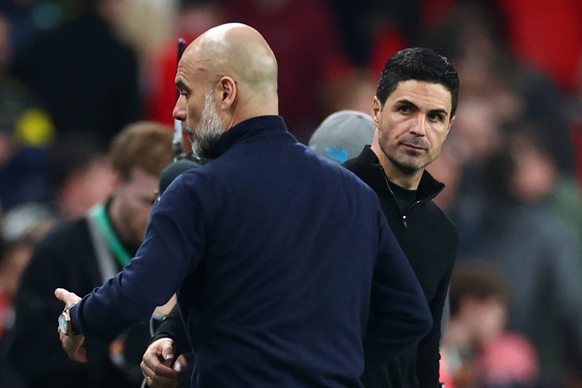 Arsenal Manager Mikel Arteta reacts to Manchester City Manager Josep Guardiola at the end of the Carabao Cup Final match Arsenal and between Manchester City at Wembley Stadium on March 22, 2026 in London, England.