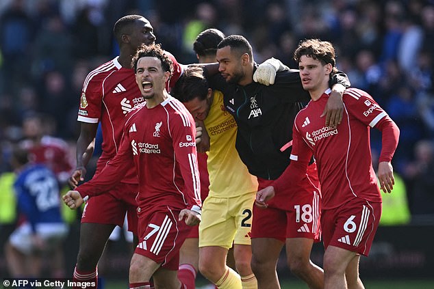 Curtis Jones (front) aimed a brutal dig at Everton following Liverpool's Merseyside derby win