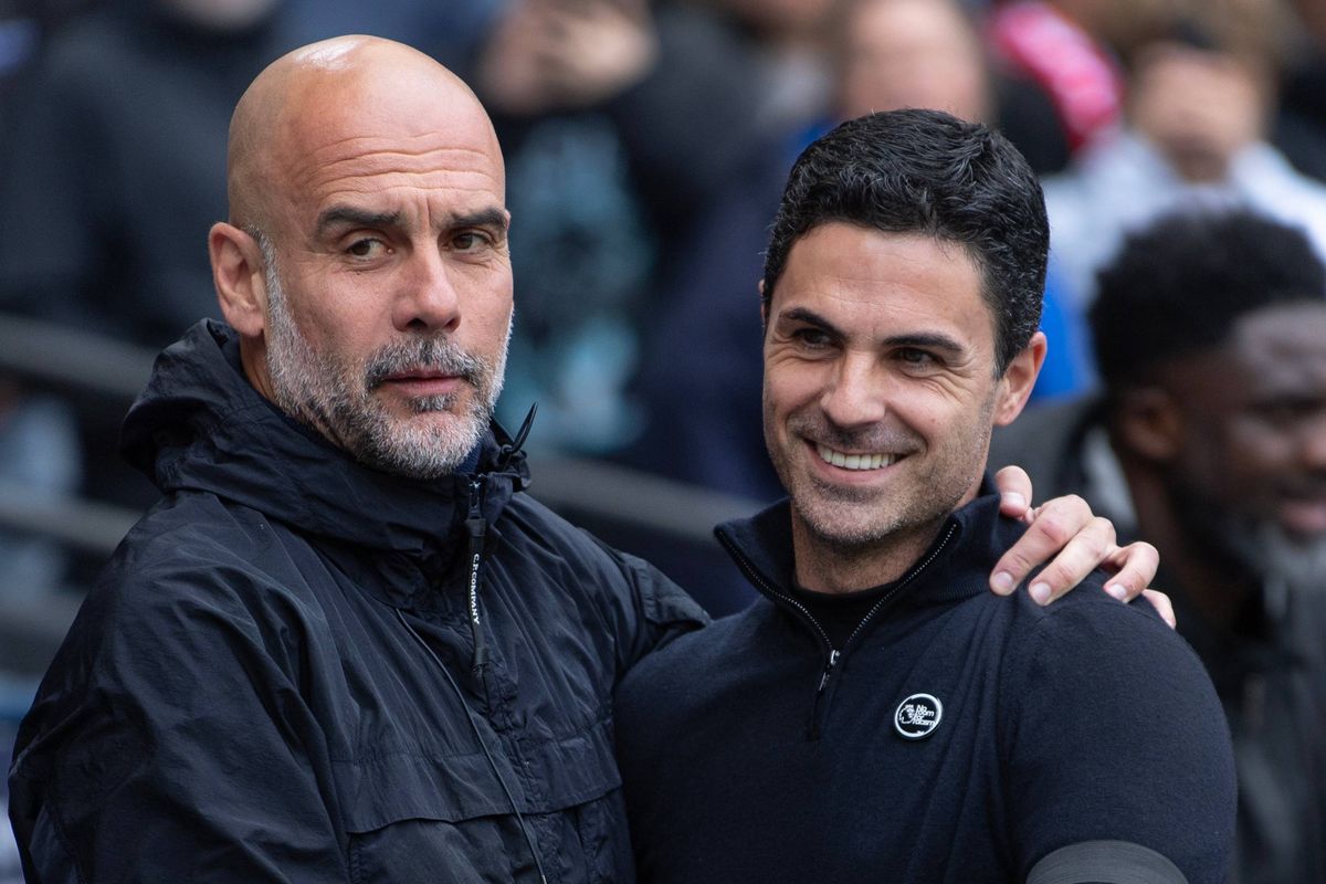 MANCHESTER, ENGLAND - APRIL 19:  Arsenal manager Mikel Arteta and Manchester City manager Pep Guardiola greet each other before the Premier League match between Manchester City and Arsenal at Etihad Stadium on April 19, 2026 in Manchester, England. (Photo by Visionhaus/Getty Images)