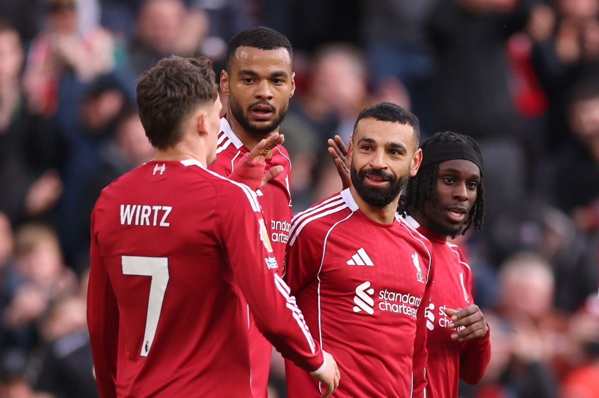 Liverpool stars Florian Wirtz, Cody Gakpo, Mohamed Salah and Jeremie Frimpong (L-R)