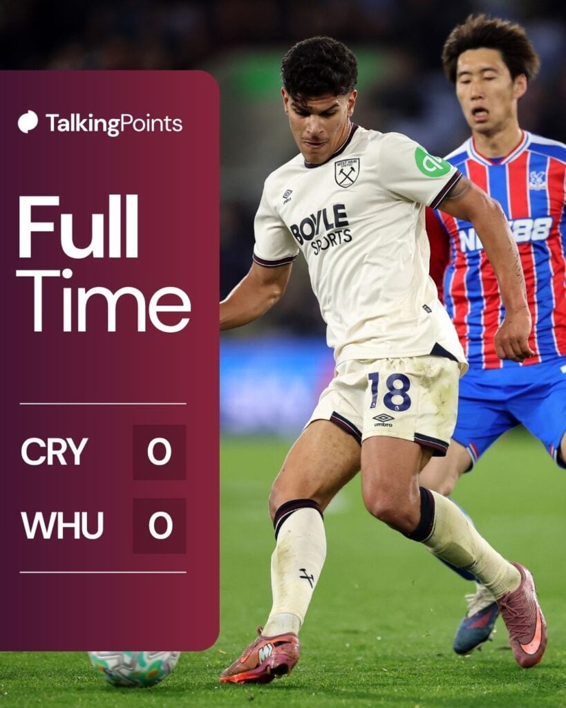A graphic showing the full-time score between Crystal Palace and West Ham (0-0) on 20/04/2026.