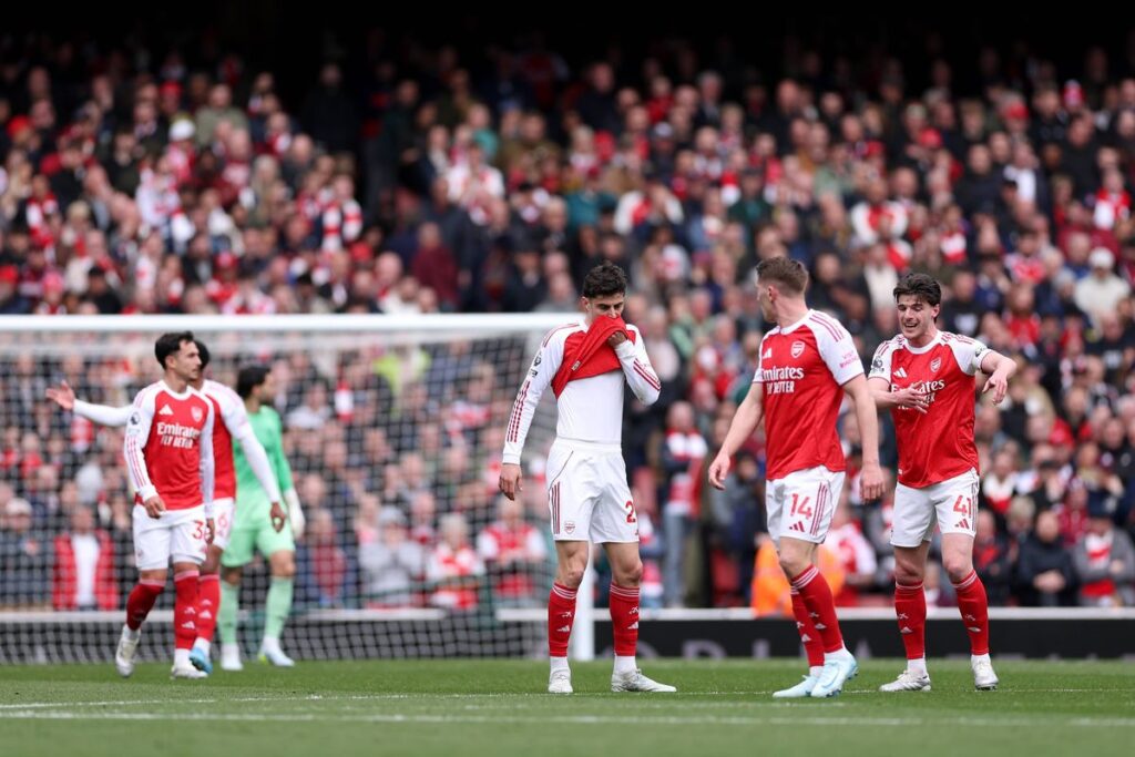 LONDON, ENGLAND - APRIL 11: Kai Havertz and Declan Rice of Arsenal react after their team concedes a goal during the Premier League match between Arsenal and Bournemouth at Emirates Stadium on April 11, 2026 in London, England. (Photo by Justin Setterfield/Getty Images)