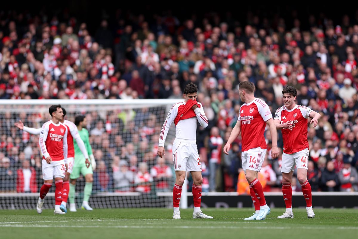LONDON, ENGLAND - APRIL 11: Kai Havertz and Declan Rice of Arsenal react after their team concedes a goal during the Premier League match between Arsenal and Bournemouth at Emirates Stadium on April 11, 2026 in London, England. (Photo by Justin Setterfield/Getty Images)