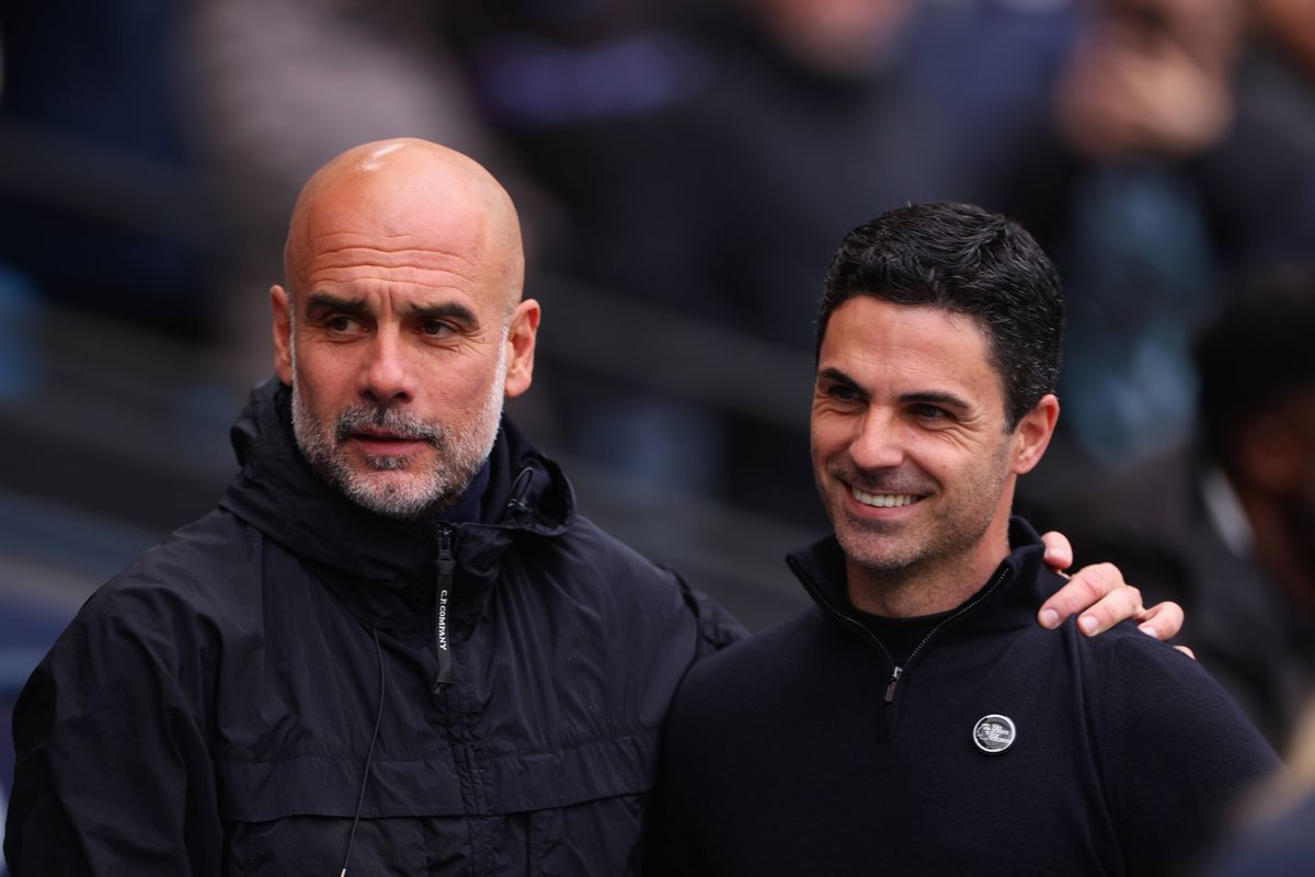 MANCHESTER, ENGLAND - APRIL 19: Pep Guardiola Manager / Head Coach of Manchester City andMikel Arteta manager / head coach  of Arsenal  during the Premier League match between Manchester City and Arsenal at Etihad Stadium on April 19, 2026 in Manchester, England. (Photo by Catherine Ivill - AMA/Getty Images)
