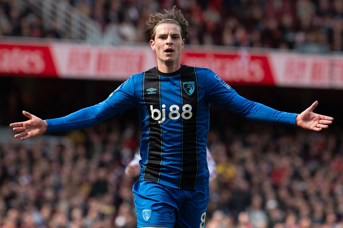 Alex Scott celebrates scoring the winning goal for Bournemouth at Arsenal this month