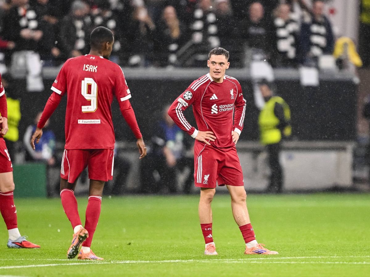 Alexander Isak of Liverpool FC and Florian Wirtz of Liverpool FC look dejected during the UEFA Champions League 2025/26 League Phase MD3 match between Eintracht Frankfurt and Liverpool FC at Frankfurt Stadion on October 22, 2025