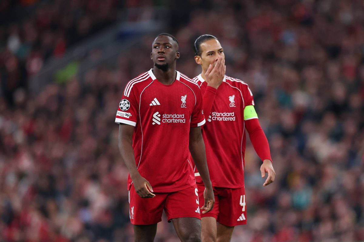 Ibrahima Konate and Virgil van Dijk of Liverpool look on during the UEFA Champions League 2025/26 Round of 16 Second Leg match