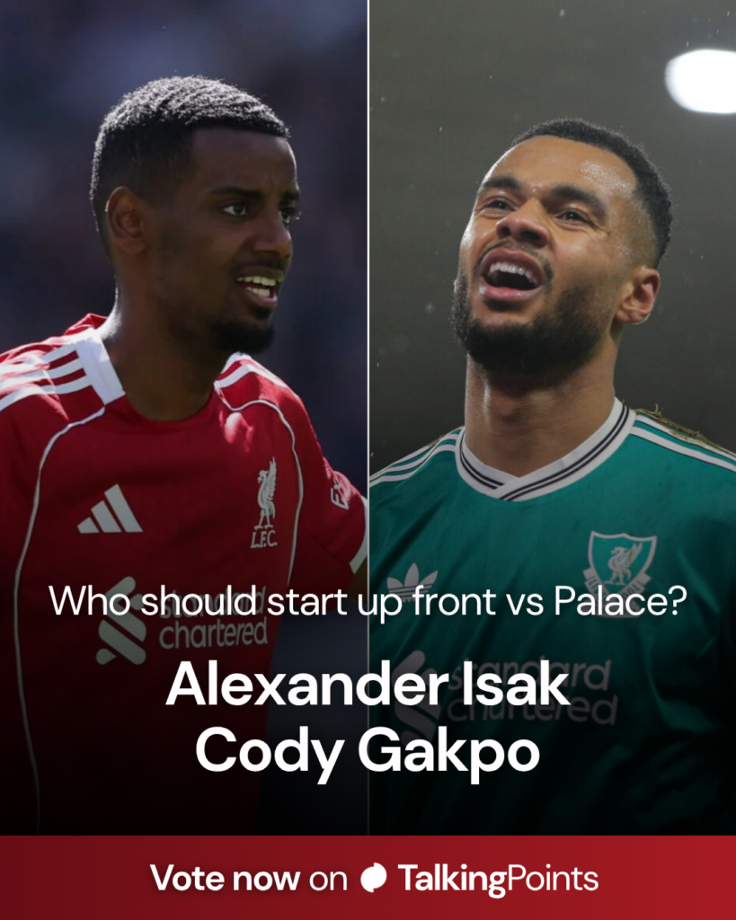 Alexander Isak pictured with his arms outstretched during Liverpool's Premier League match against Everton at the Hill Dickinson Stadium. Cody Gakpo reacts during Liverpool's Premier League match against Sunderland at the Stadium of Light.