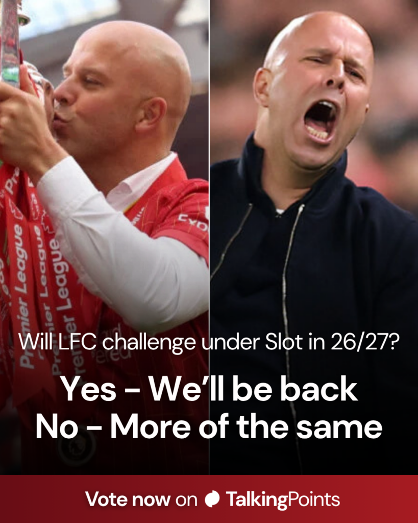 Arne Slot reacts animatedly during Liverpool's UEFA Champions League match against Galatasaray at Anfield (Credit: Getty Images/Carl Recine).
Liverpool head coach Arne Slot kisses the Premier League trophy after the final day of the 2025/26 season at Anfield (Credit: Getty Images/Carl Recine).