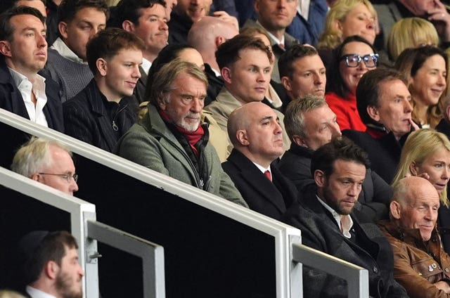 Manchester United co-owner Sir Jim Ratcliffe and chief executive Omar Berrada watch from the stands during the Premier League match at Old Trafford against Leeds earlier this month