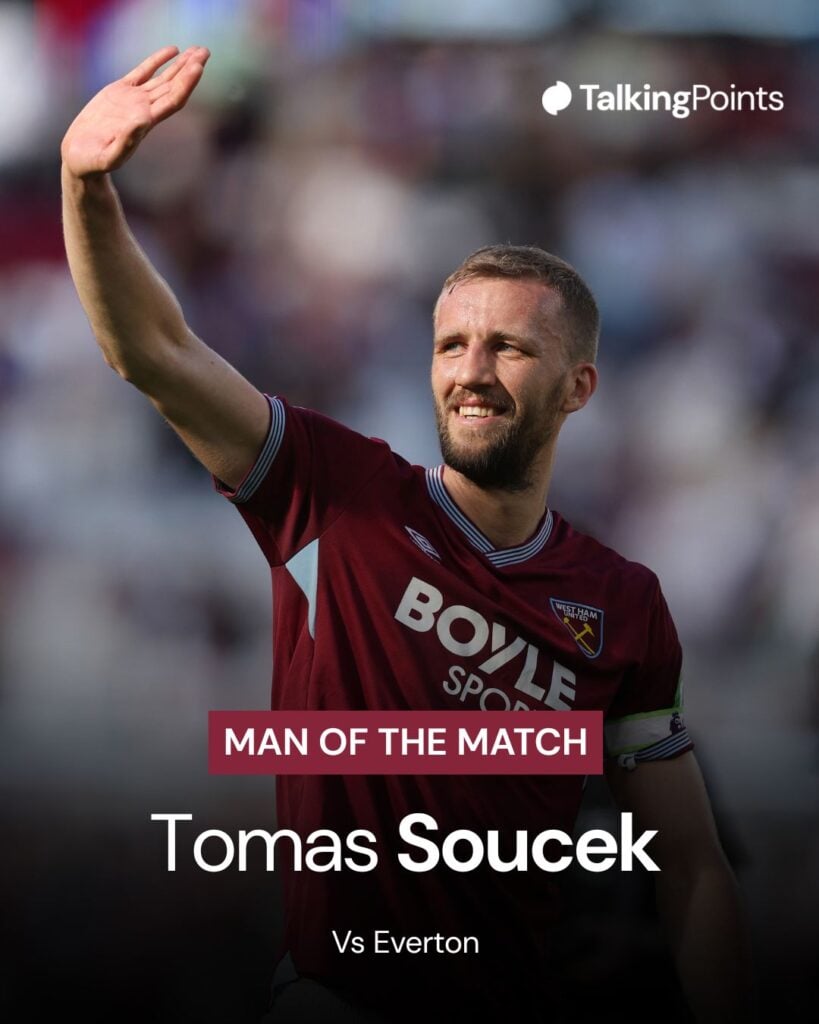 A graphic showing Tomas Soucek being voted Man of the Match following West Ham United's Premier League win over Everton. Image shows Tomas Soucek waving to the crowd.