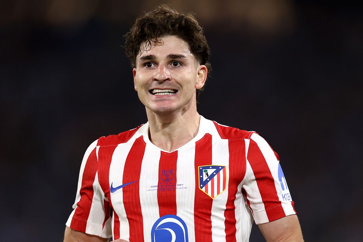 Julian Alvarez of Atletico de Madrid celebrates scoring his team's second goal during the Copa Del Rey Final match between Real Sociedad and Atletico de Madrid at Estadio de La Cartuja on April 18, 2026 in Seville, Spain. 