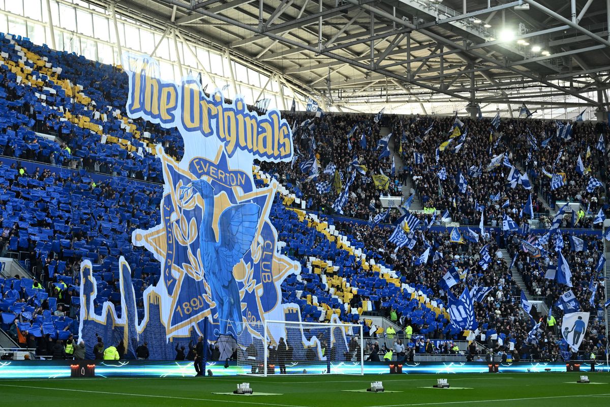 A general view of a tifo displayed by fans of Everton, prior to the Premier League match between Everton and Liverpool at Hill Dickinson Stadium