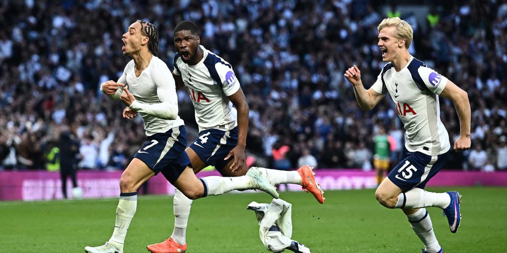 Tottenham Hotspur's Xavi Simons celebrates scoring their second goal with Lucas Bergvall and Kevin Danso-1