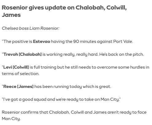 Rosenior gives update on Chalobah, Colwill, James