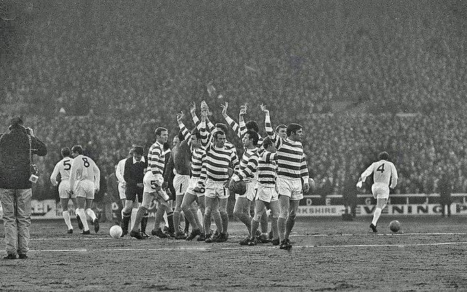 The Celtic team wave to the travelling Celtic support before the European Cup semi-final first leg at Elland Road, Leeds on 1st April 1970.
